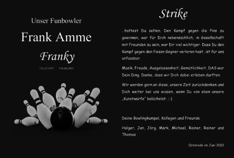  Traueranzeige für Frank Amme Franky vom 29.06.2021 aus Harz Kurier