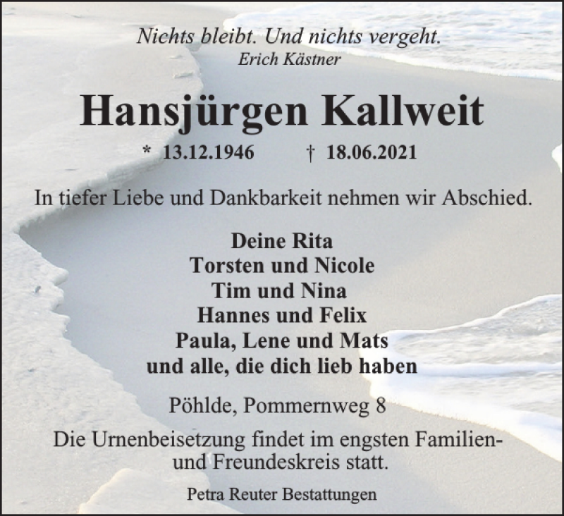  Traueranzeige für Hansjürgen Kallweit vom 26.06.2021 aus Harz Kurier
