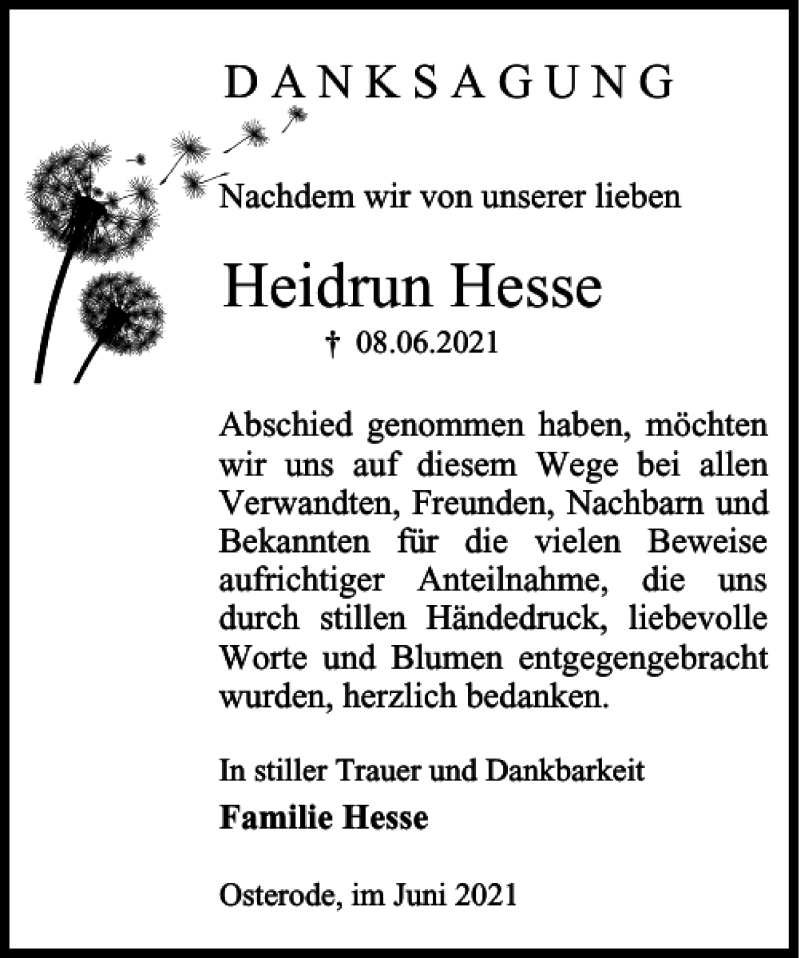  Traueranzeige für Heidrun Hesse vom 26.06.2021 aus Harz Kurier