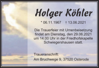 Traueranzeige von Holger Köhler von Harz Kurier
