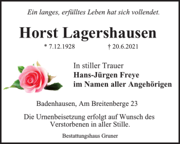Traueranzeige von Horst Lagershausen von Harz Kurier