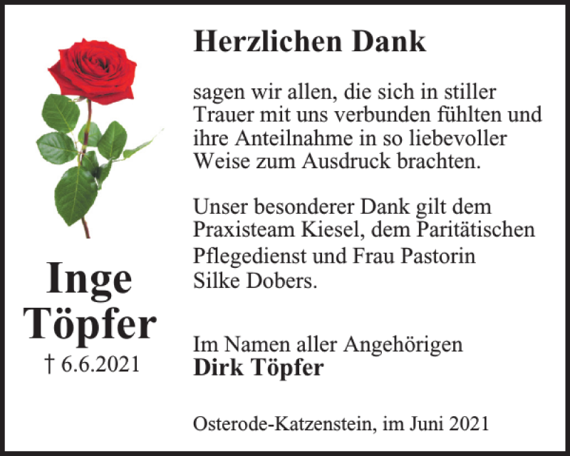  Traueranzeige für Inge Töpfer vom 29.06.2021 aus Harz Kurier