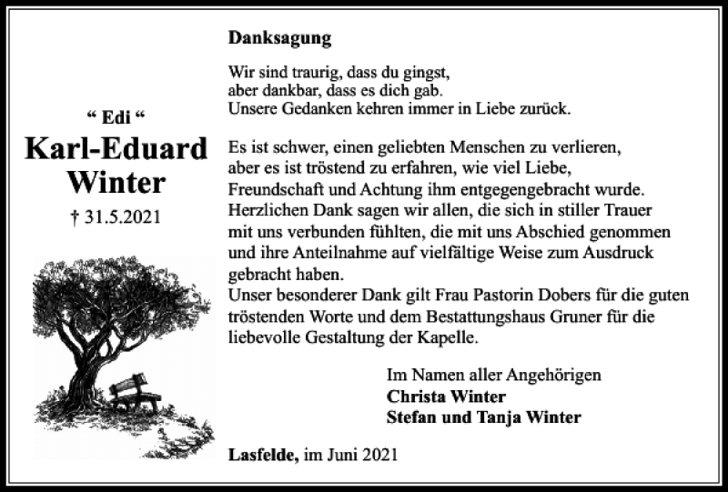  Traueranzeige für Karl-Eduard Winter vom 26.06.2021 aus Harz Kurier