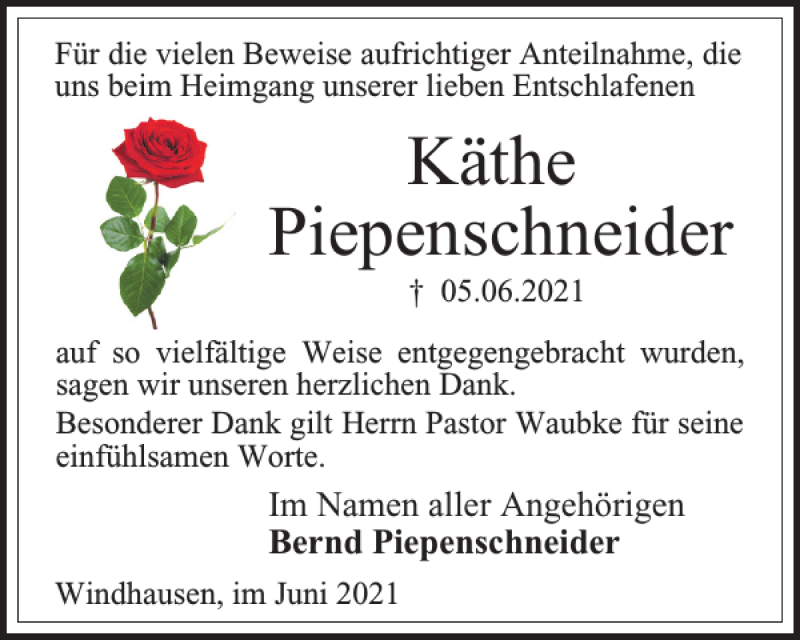  Traueranzeige für Käthe Piepenschneider vom 26.06.2021 aus Harz Kurier