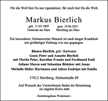 Traueranzeige von Markus Bierlich von Harz Kurier