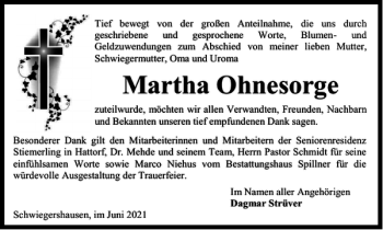 Traueranzeige von Martha Ohnesorge von Harz Kurier