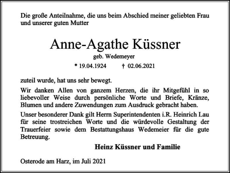  Traueranzeige für Anne-Agathe Küssner vom 03.07.2021 aus Harz Kurier