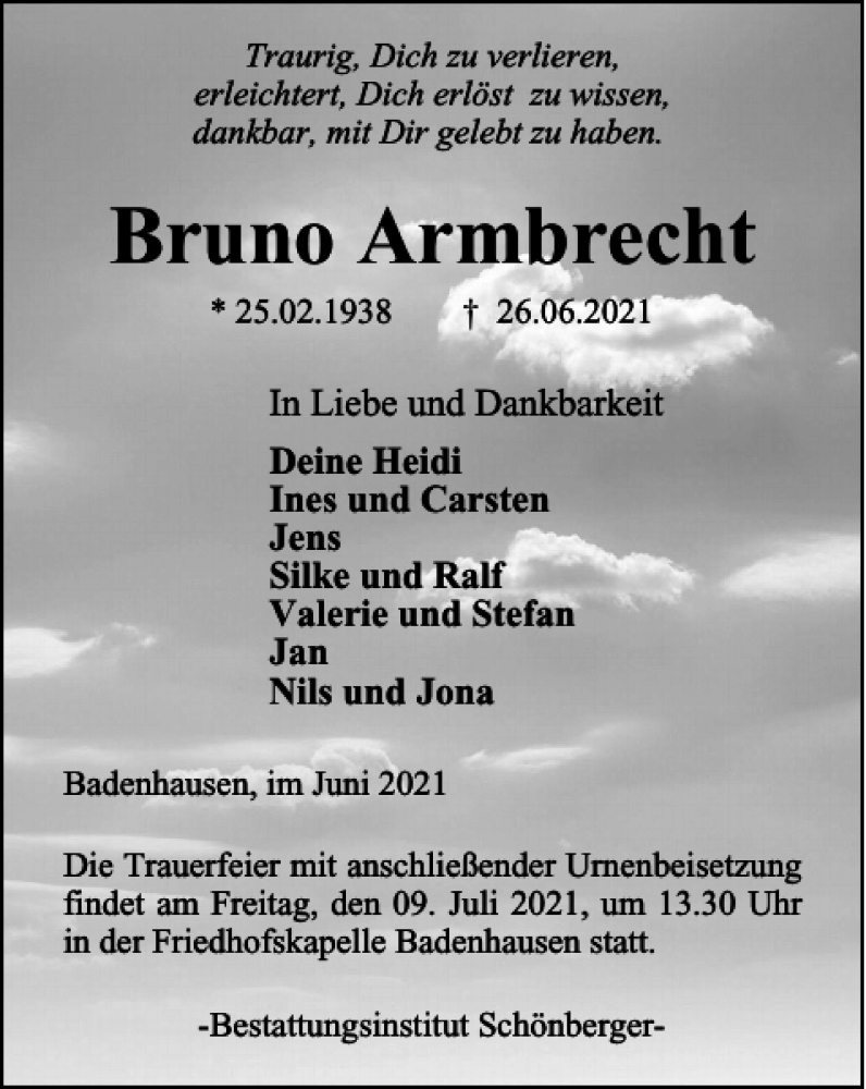  Traueranzeige für Bruno Armbrecht vom 03.07.2021 aus Harz Kurier