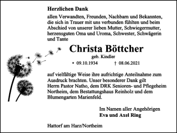 Traueranzeige von Christa Böttcher von Harz Kurier