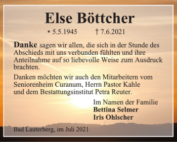 Traueranzeige von Else Böttcher von Harz Kurier