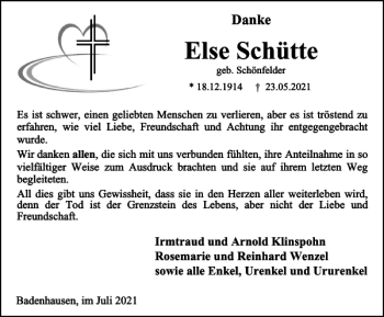 Traueranzeige von Else Schütte von Harz Kurier