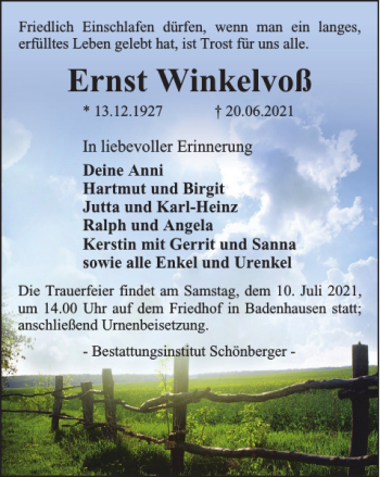 Traueranzeige von Ernst Winkelvoß von Harz Kurier