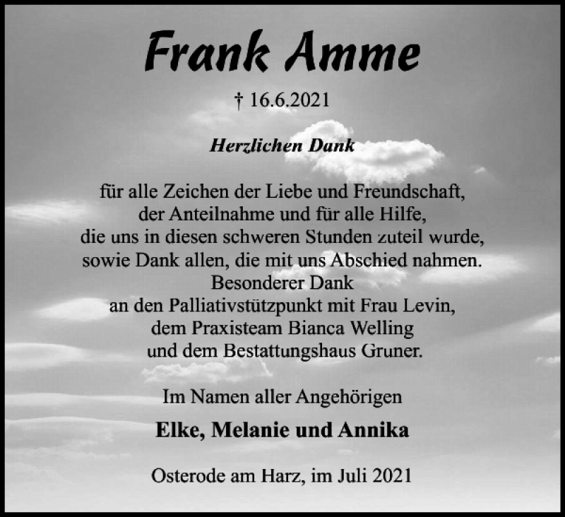  Traueranzeige für Frank Amme vom 03.07.2021 aus Harz Kurier