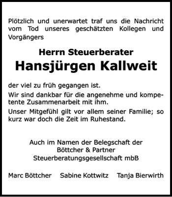 Traueranzeige von Hansjürgen Kallweit von Harz Kurier