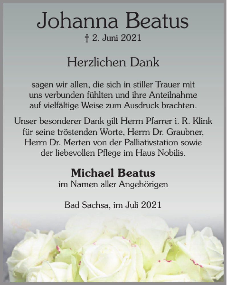  Traueranzeige für Johanna Beatus vom 03.07.2021 aus Harz Kurier