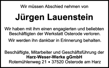 Traueranzeige von Jürgen Lauenstein von Harz Kurier