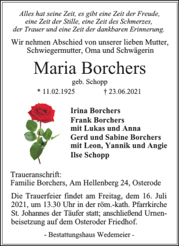 Traueranzeige von Maria Borchers von Harz Kurier