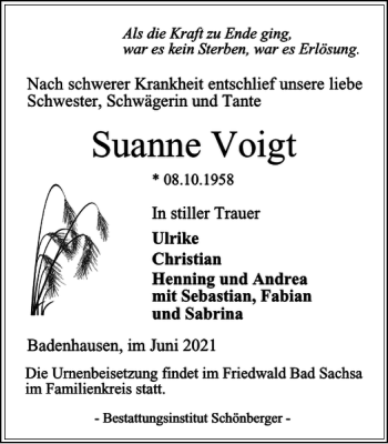 Traueranzeige von Suanne Voigt von Harz Kurier