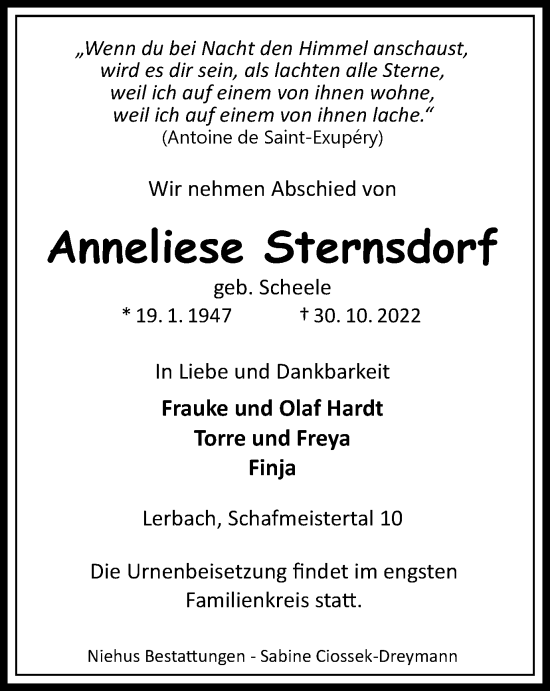 Traueranzeige von Anneliese Sternsdorf von Harz Kurier