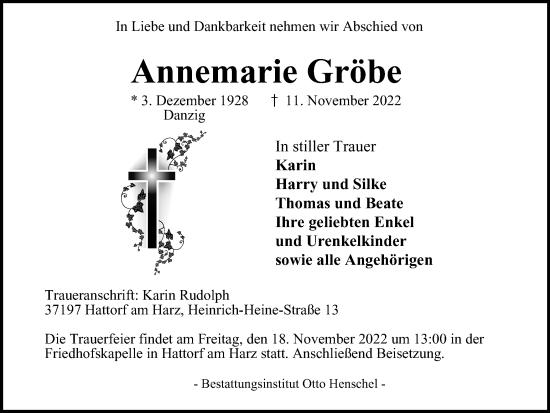 Traueranzeige von Annemarie Gröbe von Harz Kurier