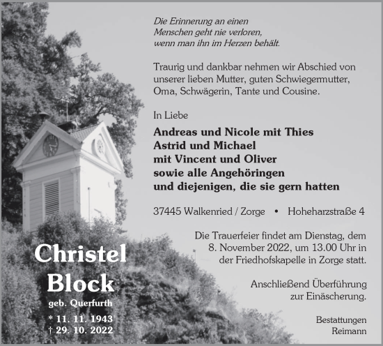 Traueranzeige von Christel Block von Harz Kurier