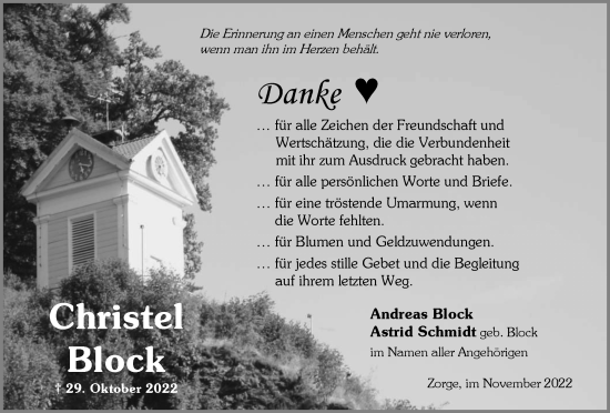 Traueranzeige von Christel Block von Harz Kurier