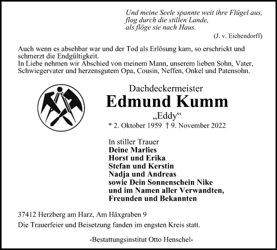 Traueranzeige von Edmund Kumm von Harz Kurier