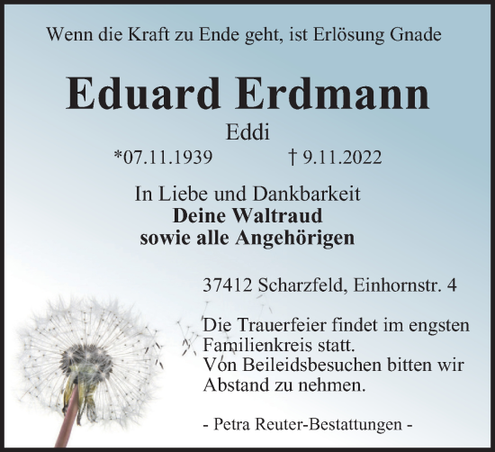 Traueranzeige von Eduard Erdmann von Harz Kurier