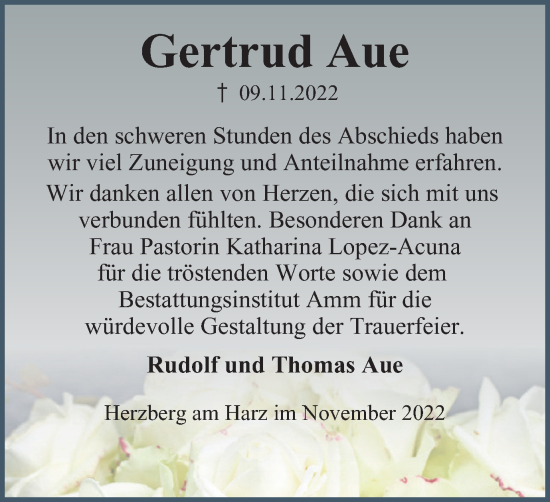 Traueranzeige von Gertrud Aue von Harz Kurier