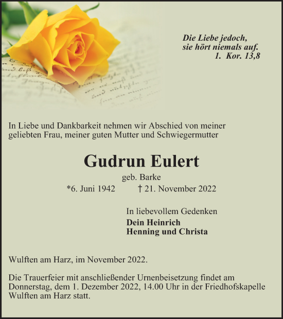 Traueranzeige von Gudrun Eulert von Harz Kurier