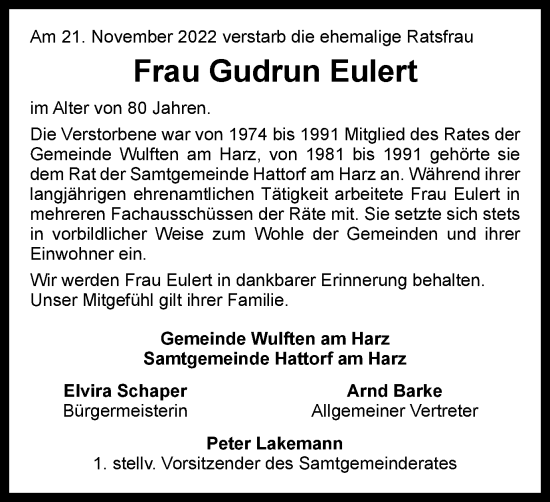 Traueranzeige von Gudrun Eulert von Harz Kurier