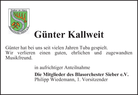 Traueranzeige von Günter Kallweit von Harz Kurier