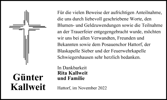 Traueranzeige von Günter Kallweit von Harz Kurier