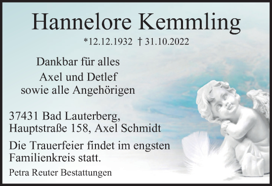 Traueranzeige von Hannelore Kemmling von Harz Kurier