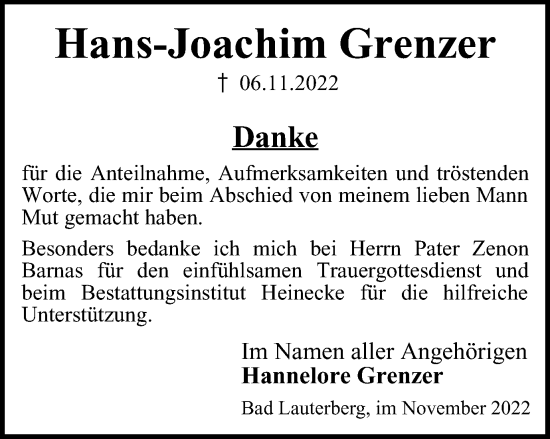 Traueranzeige von Hans-Joachim Grenzer von Harz Kurier