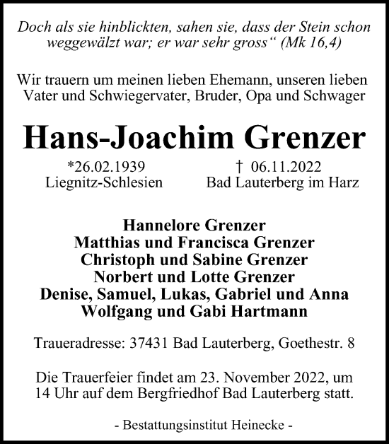 Traueranzeige von Hans-Joachim Grenzer von Harz Kurier