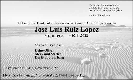 Traueranzeige von José Luis Ruiz  Lopez von Harz Kurier