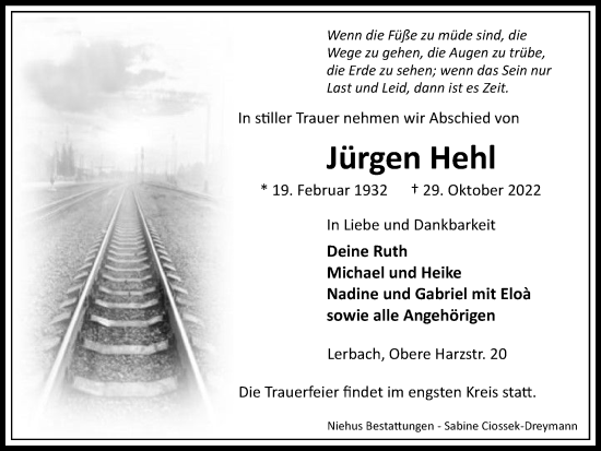 Traueranzeige von Jürgen Hehl von Harz Kurier