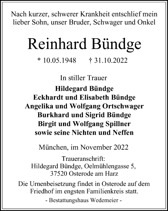 Traueranzeige von Reinhard Bündge von Harz Kurier