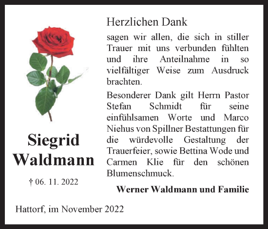 Traueranzeige von Siegrid Waldmann von Harz Kurier