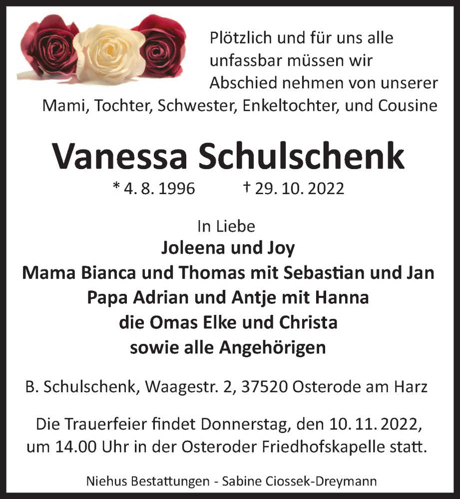  Traueranzeige für Vanessa Schulschenk vom 05.11.2022 aus Harz Kurier