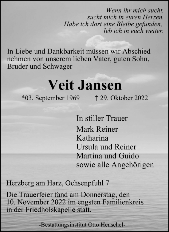 Traueranzeige von Veit Jansen von Harz Kurier