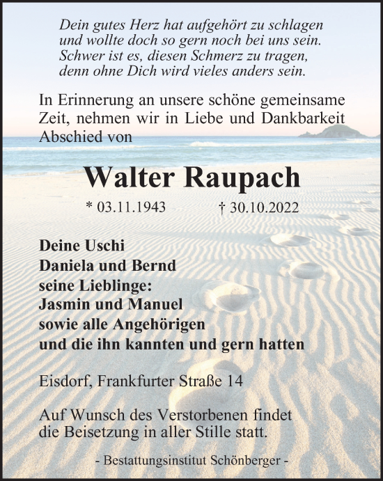 Traueranzeige von Walter Raupach von Harz Kurier