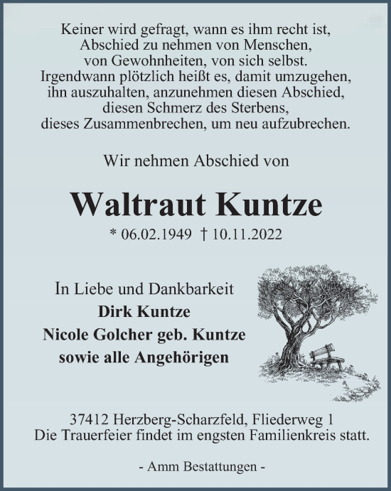 Traueranzeige von Waltraut Kuntze von Harz Kurier