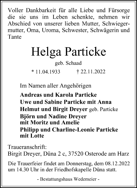 Traueranzeige von Helga Particke von Harz Kurier