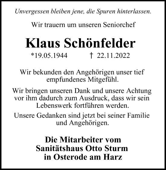 Traueranzeige von Klaus Schönfelder von Harz Kurier