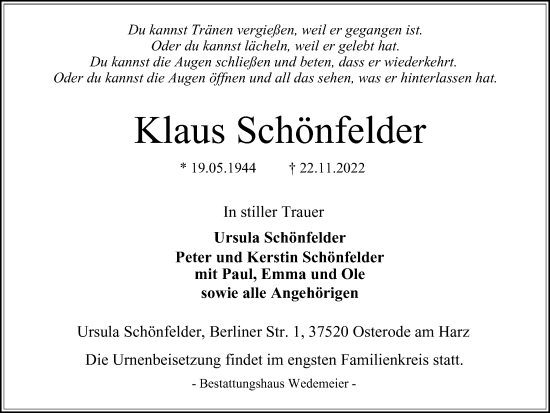 Traueranzeige von Klaus Schönfelder von Harz Kurier