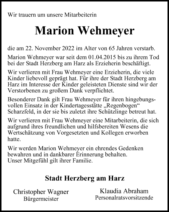 Traueranzeige von Marion Wehmeyer von Harz Kurier