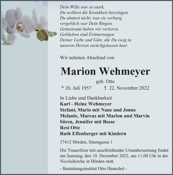 Traueranzeige von Marion Wehmeyer von Harz Kurier