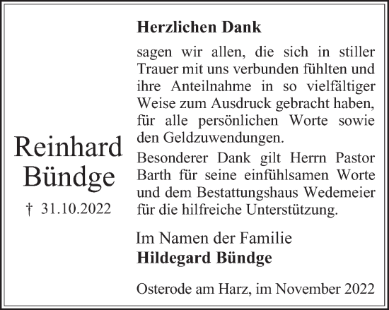 Traueranzeige von Reinhard Bündge von Harz Kurier